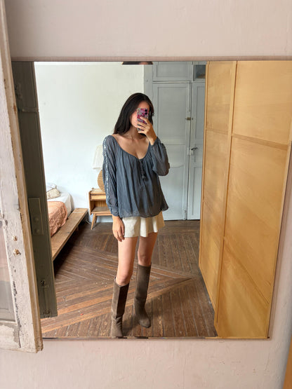 Vintage Silk Boho Blouse XL, Oversized Grey Silk Top, Sequin Sleeve Blouse, Bohemian Festival Top, Romantic Floaty Shirt, Women's Vintage