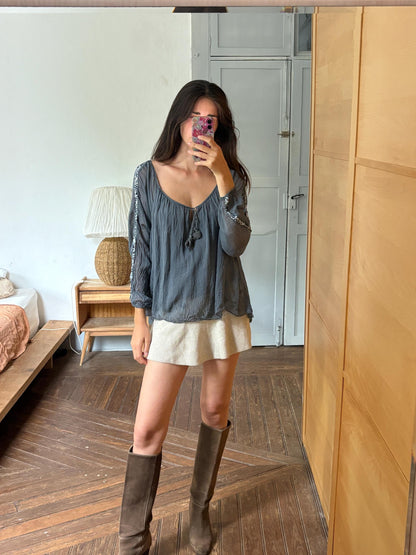Vintage Silk Boho Blouse XL, Oversized Grey Silk Top, Sequin Sleeve Blouse, Bohemian Festival Top, Romantic Floaty Shirt, Women's Vintage