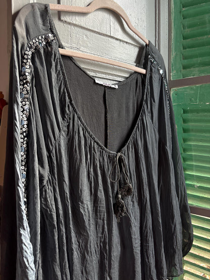 Vintage Silk Boho Blouse XL, Oversized Grey Silk Top, Sequin Sleeve Blouse, Bohemian Festival Top, Romantic Floaty Shirt, Women's Vintage