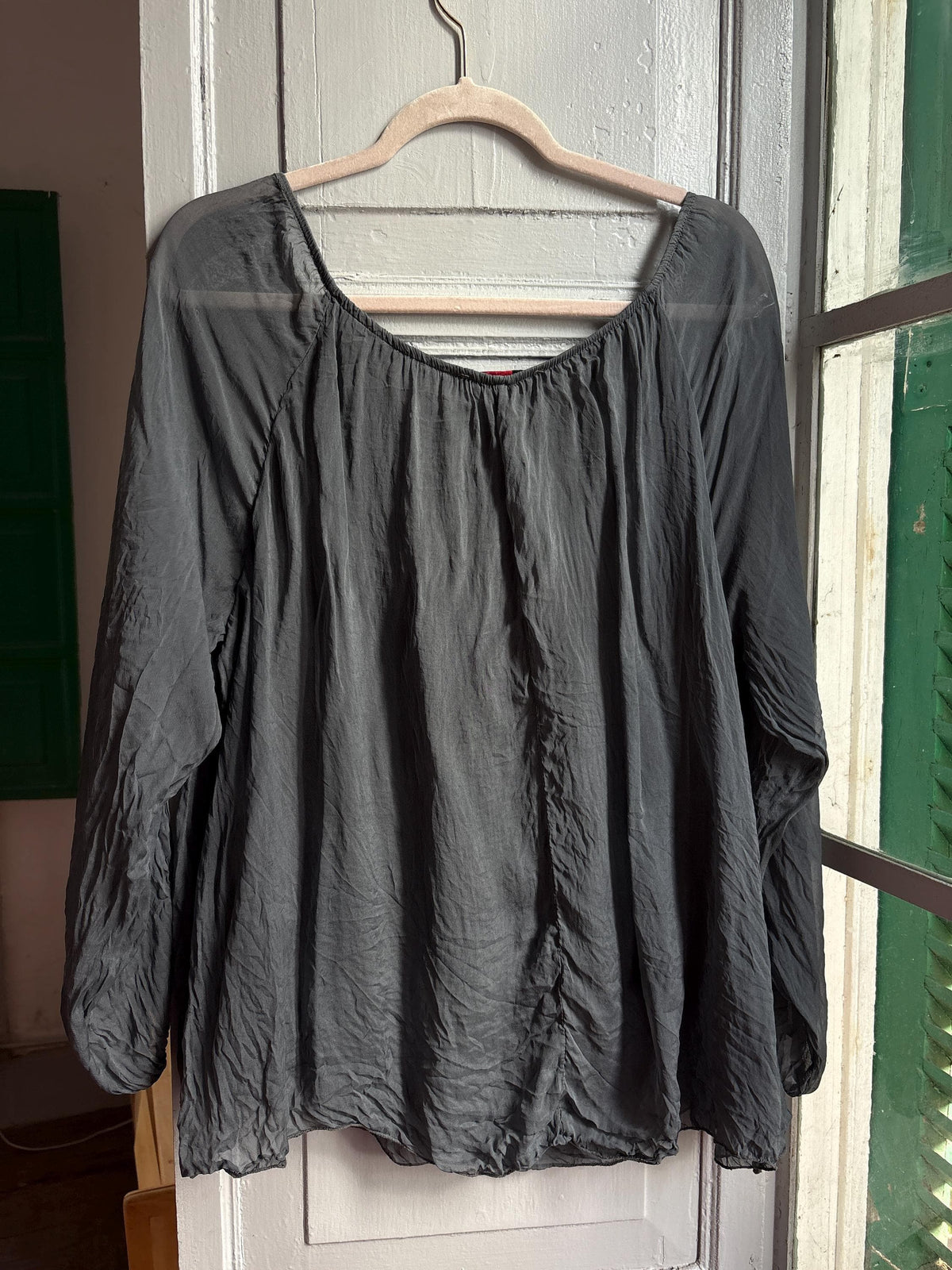 Vintage Silk Boho Blouse XL, Oversized Grey Silk Top, Sequin Sleeve Blouse, Bohemian Festival Top, Romantic Floaty Shirt, Women's Vintage