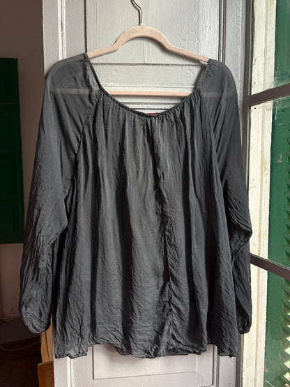 Vintage Silk Boho Blouse XL, Oversized Grey Silk Top, Sequin Sleeve Blouse, Bohemian Festival Top, Romantic Floaty Shirt, Women's Vintage