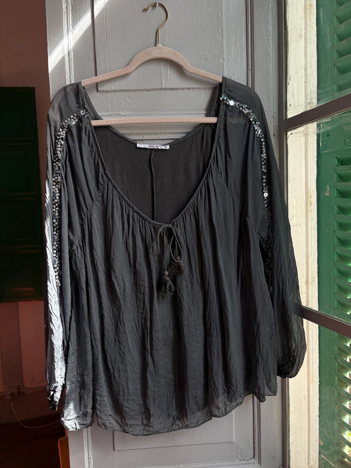 Vintage Silk Boho Blouse XL, Oversized Grey Silk Top, Sequin Sleeve Blouse, Bohemian Festival Top, Romantic Floaty Shirt, Women's Vintage