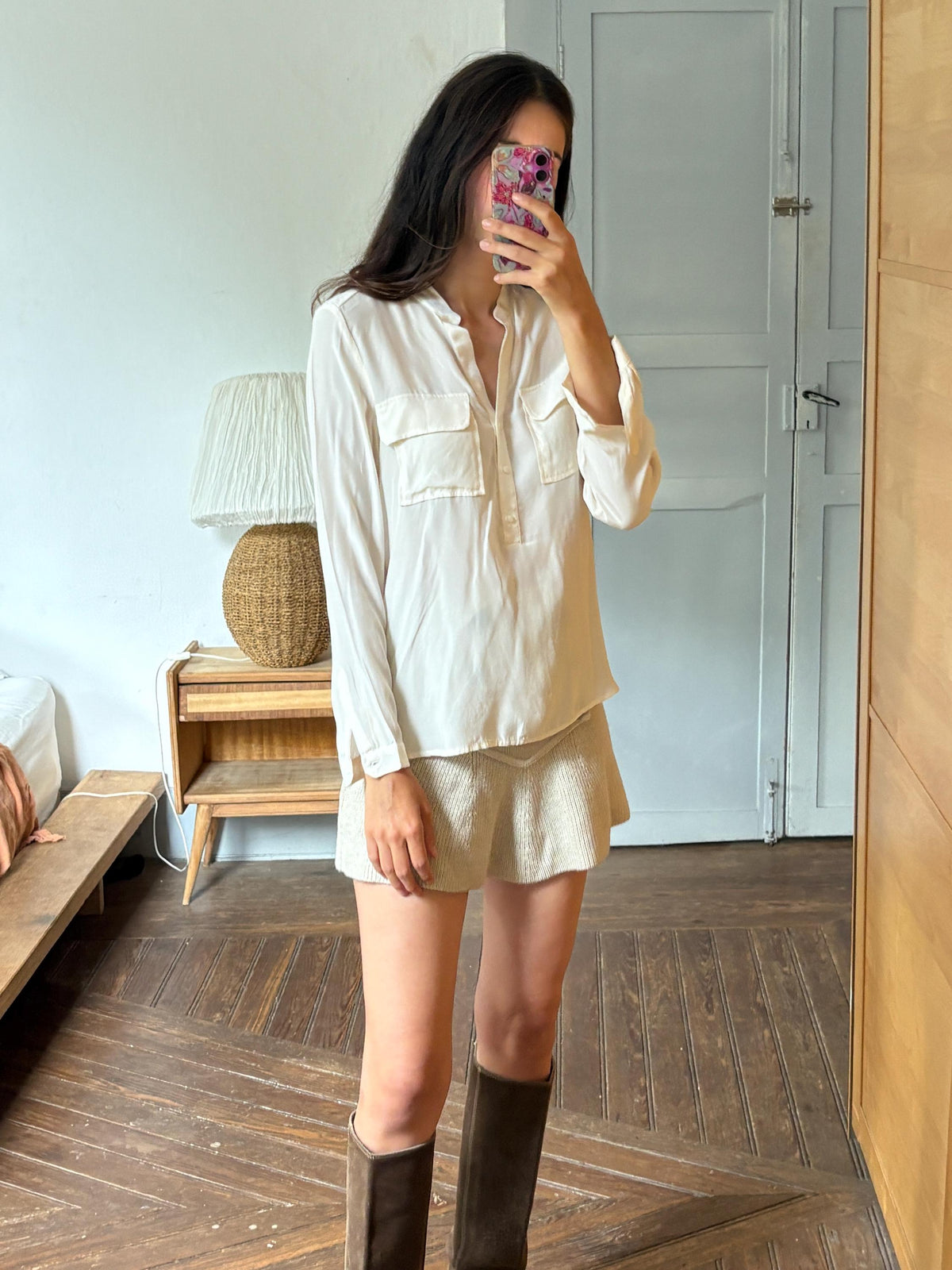 Caroll Paris 100% Silk Blouse, Luxury Ivory Silk Shirt, French Designer Top, Minimalist Office Blouse, Women's Silk Button Shirt