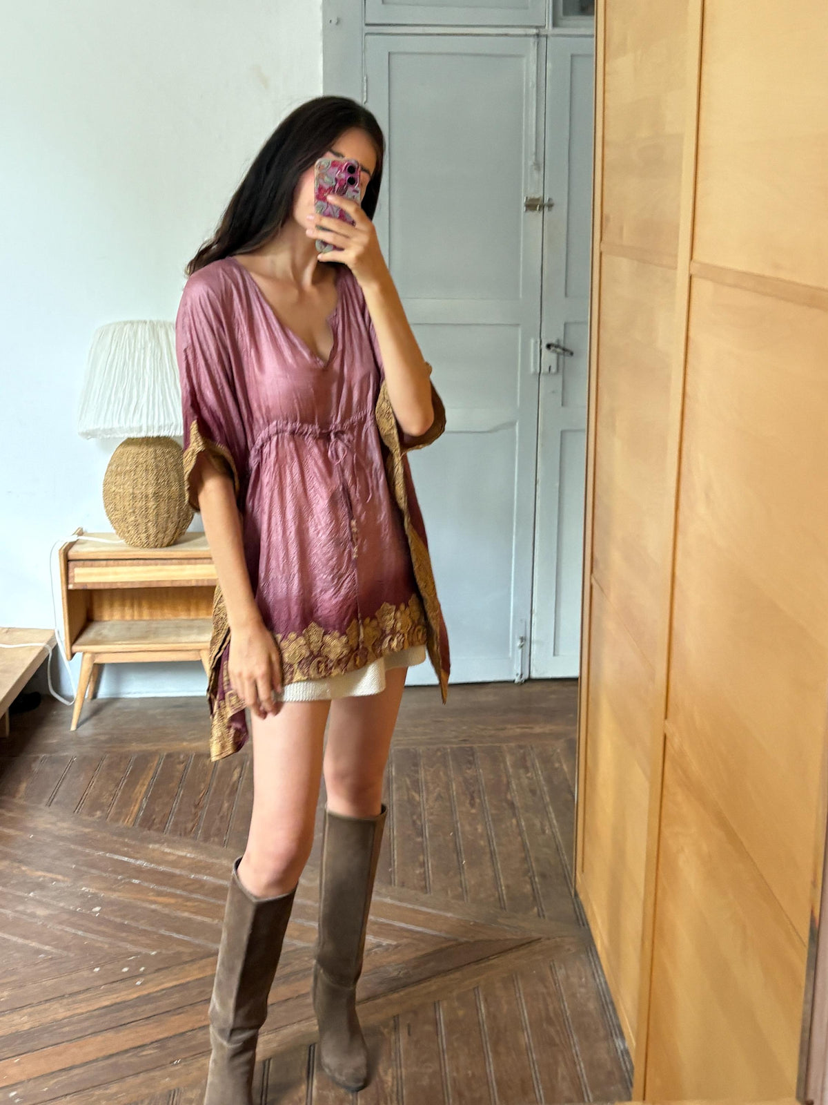 Silk Boho Tunic, Burgundy Silk Kaftan Top, Bohemian Festival Blouse, Oversized Silk Tunic, Luxe Resort Cover Up, One Size