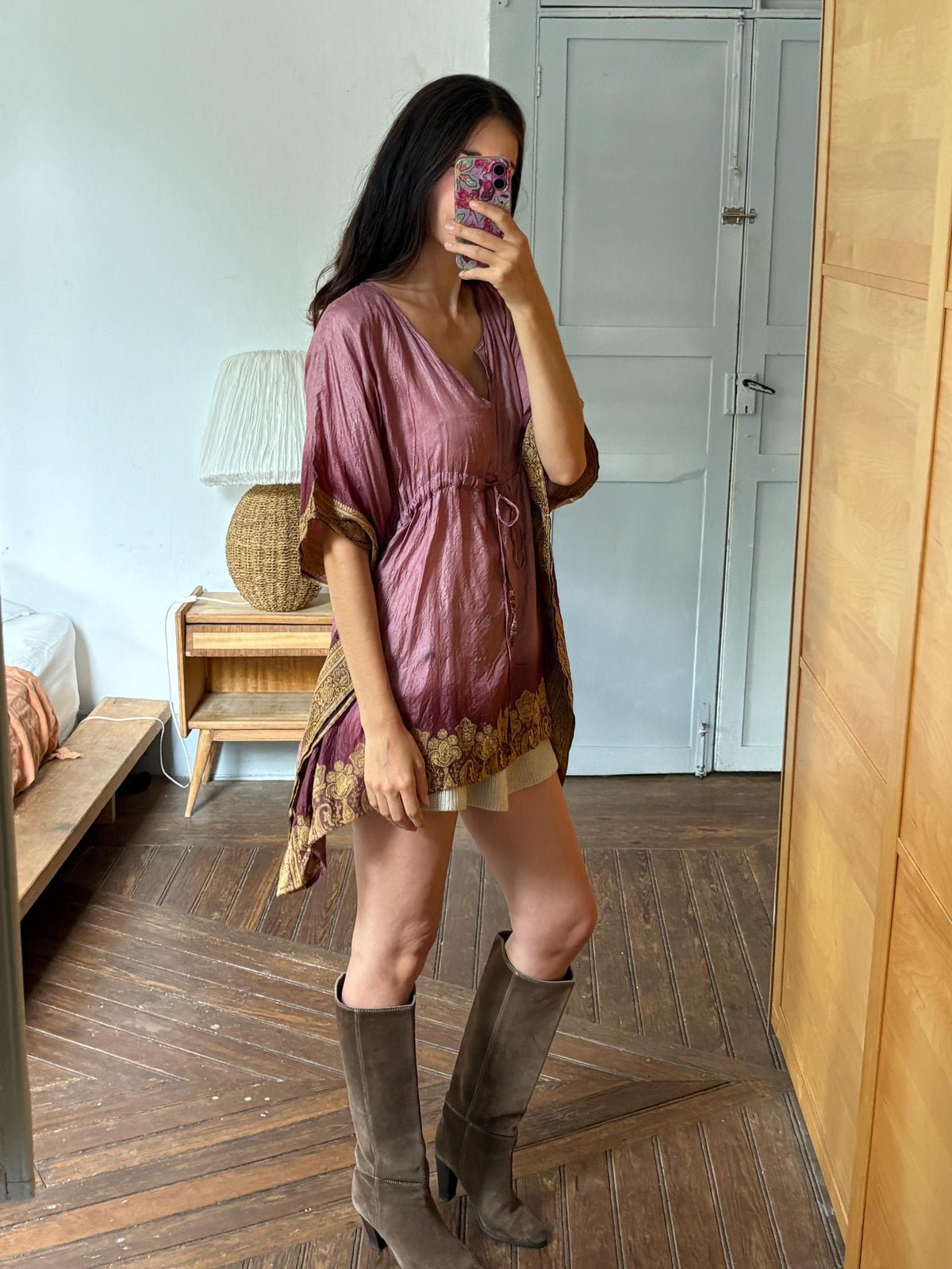 Silk Boho Tunic, Burgundy Silk Kaftan Top, Bohemian Festival Blouse, Oversized Silk Tunic, Luxe Resort Cover Up, One Size