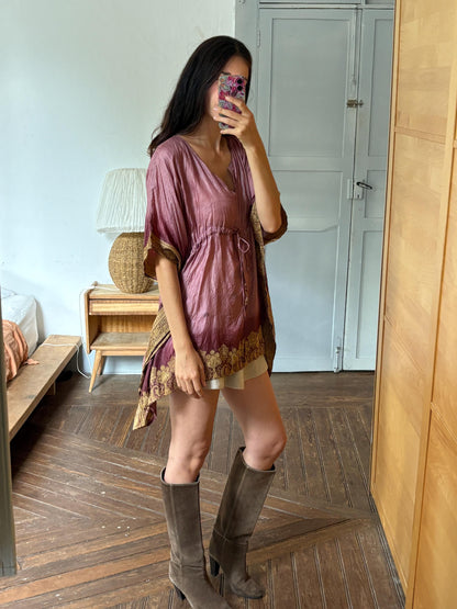 Silk Boho Tunic, Burgundy Silk Kaftan Top, Bohemian Festival Blouse, Oversized Silk Tunic, Luxe Resort Cover Up, One Size