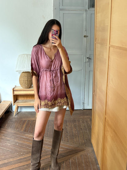 Silk Boho Tunic, Burgundy Silk Kaftan Top, Bohemian Festival Blouse, Oversized Silk Tunic, Luxe Resort Cover Up, One Size