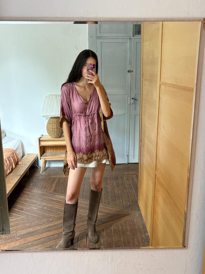 Silk Boho Tunic, Burgundy Silk Kaftan Top, Bohemian Festival Blouse, Oversized Silk Tunic, Luxe Resort Cover Up, One Size
