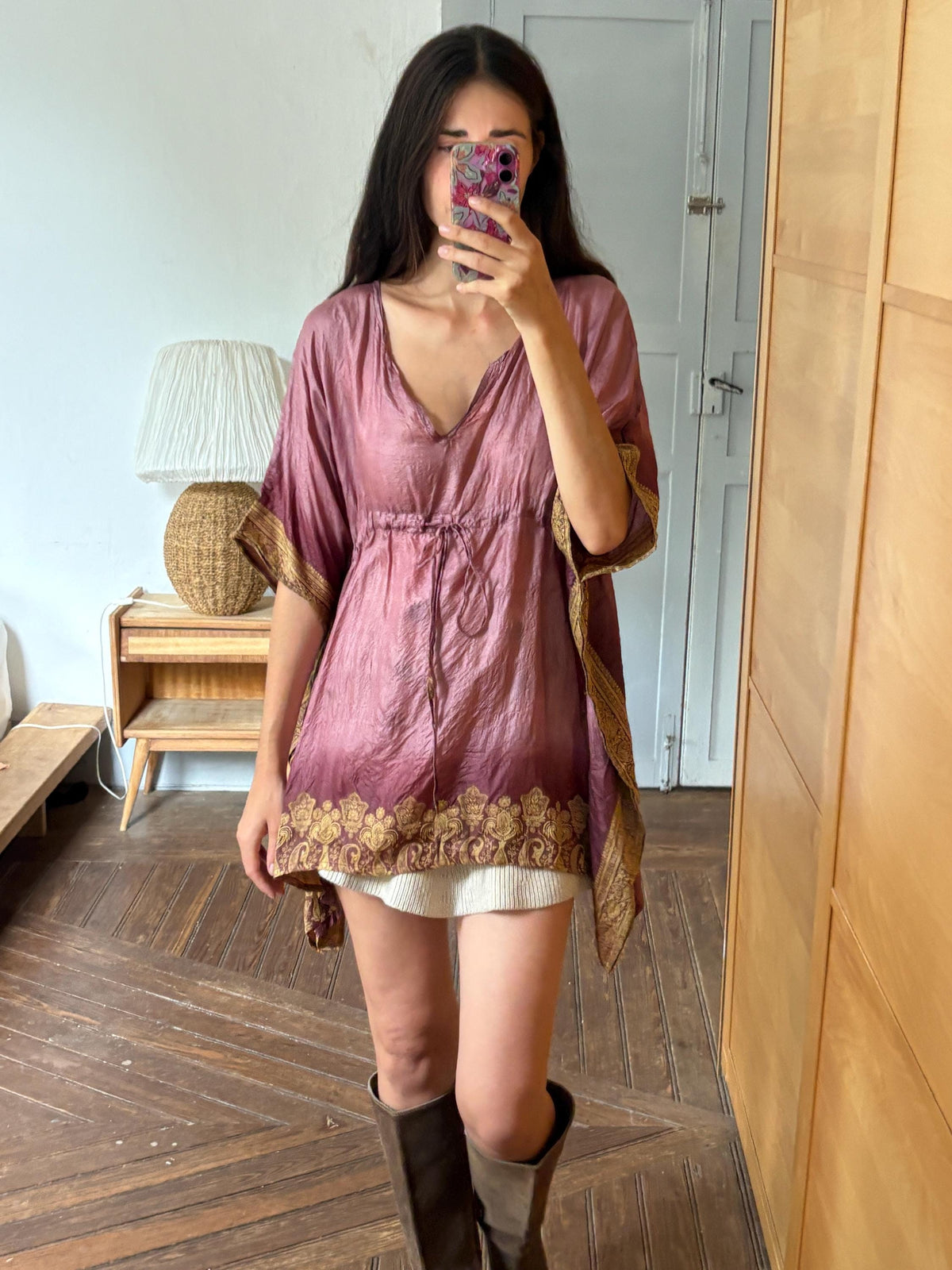 Silk Boho Tunic, Burgundy Silk Kaftan Top, Bohemian Festival Blouse, Oversized Silk Tunic, Luxe Resort Cover Up, One Size