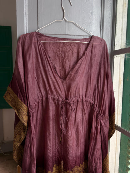 Silk Boho Tunic, Burgundy Silk Kaftan Top, Bohemian Festival Blouse, Oversized Silk Tunic, Luxe Resort Cover Up, One Size