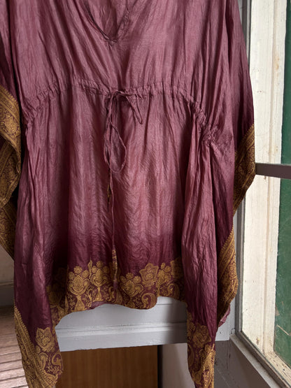 Silk Boho Tunic, Burgundy Silk Kaftan Top, Bohemian Festival Blouse, Oversized Silk Tunic, Luxe Resort Cover Up, One Size
