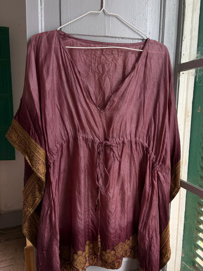 Silk Boho Tunic, Burgundy Silk Kaftan Top, Bohemian Festival Blouse, Oversized Silk Tunic, Luxe Resort Cover Up, One Size