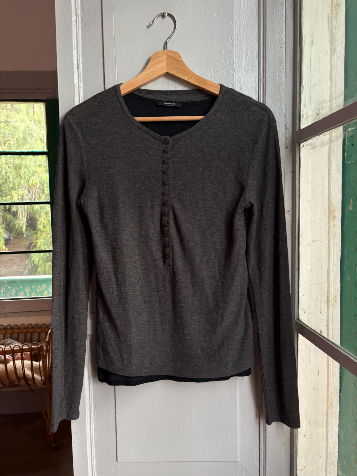Massimo Dutti Modal Wool Layered Top Size S | Dark Grey Long-Sleeve Shirt with Black Tank | Minimalist Button Top