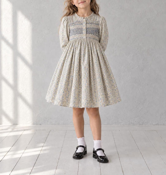 Hand Smocked Floral Dress, Vintage Girls Cotton Dress, Spanish Style Dress, Liberty Style Floral, Size 6 Years, Cottagecore