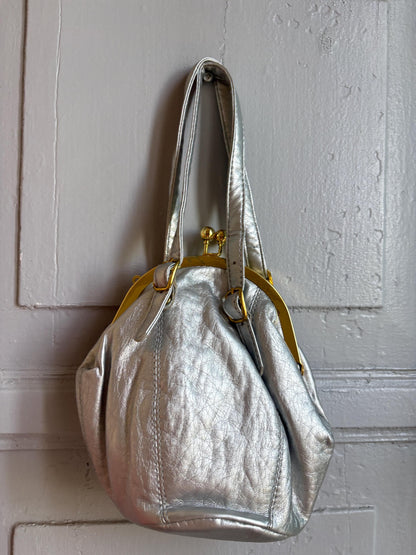 Vintage Silver Kiss Lock Handbag, Metallic Faux Leather Purse, Y2K Shoulder Bag, Retro Evening Bag, Small Women's Handbag