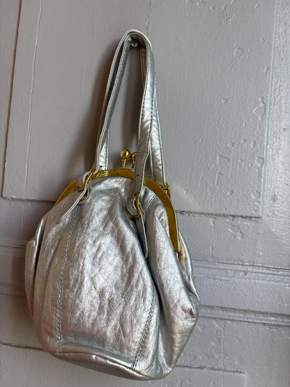 Vintage Silver Kiss Lock Handbag, Metallic Faux Leather Purse, Y2K Shoulder Bag, Retro Evening Bag, Small Women's Handbag