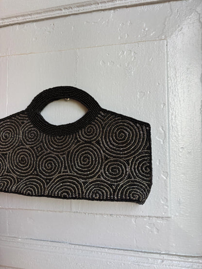 Black Beaded Evening Bag, Vintage Mini Handbag, Top Handle Purse, Y2K Party Bag, Shoulder Bag, Cocktail Clutch