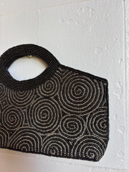 Black Beaded Evening Bag, Vintage Mini Handbag, Top Handle Purse, Y2K Party Bag, Shoulder Bag, Cocktail Clutch