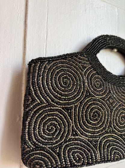 Black Beaded Evening Bag, Vintage Mini Handbag, Top Handle Purse, Y2K Party Bag, Shoulder Bag, Cocktail Clutch