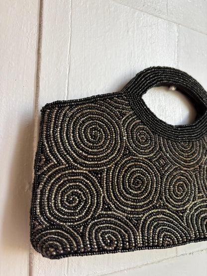 Black Beaded Evening Bag, Vintage Mini Handbag, Top Handle Purse, Y2K Party Bag, Shoulder Bag, Cocktail Clutch