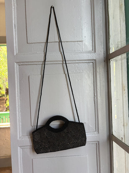 Black Beaded Evening Bag, Vintage Mini Handbag, Top Handle Purse, Y2K Party Bag, Shoulder Bag, Cocktail Clutch