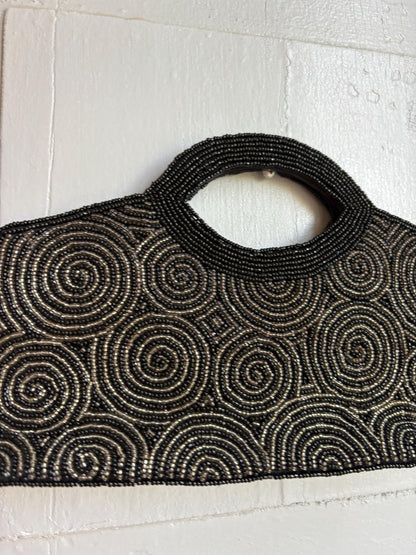 Black Beaded Evening Bag, Vintage Mini Handbag, Top Handle Purse, Y2K Party Bag, Shoulder Bag, Cocktail Clutch