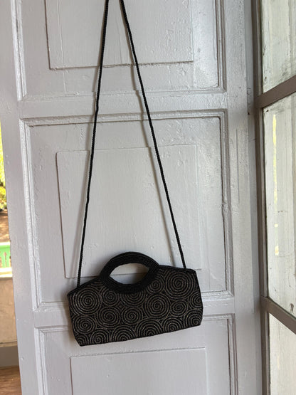 Black Beaded Evening Bag, Vintage Mini Handbag, Top Handle Purse, Y2K Party Bag, Shoulder Bag, Cocktail Clutch