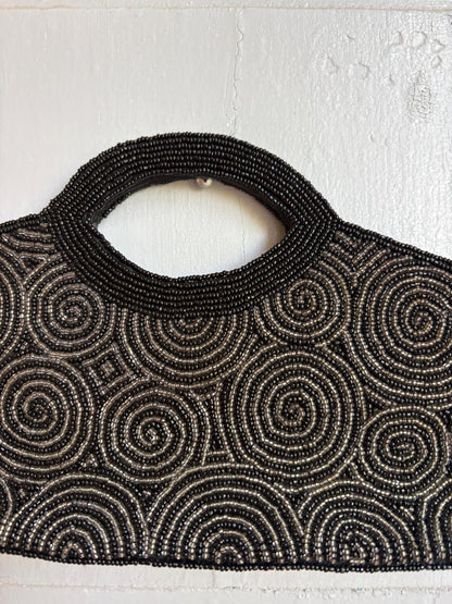 Black Beaded Evening Bag, Vintage Mini Handbag, Top Handle Purse, Y2K Party Bag, Shoulder Bag, Cocktail Clutch