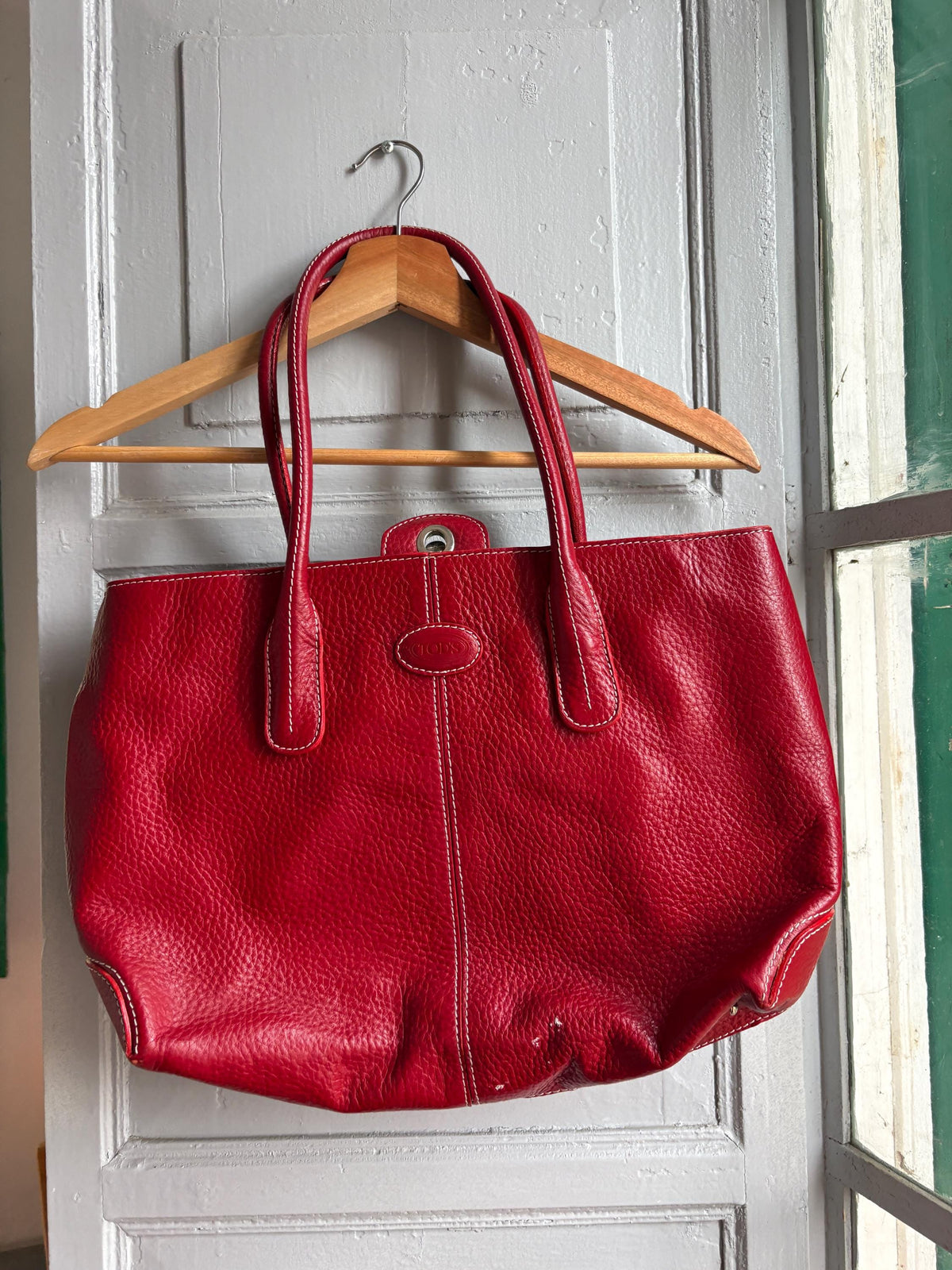 TOD'S Red Leather Tote Bag | Italian Luxury Handbag | Genuine Pebbled Leather | Everyday Statement Bag