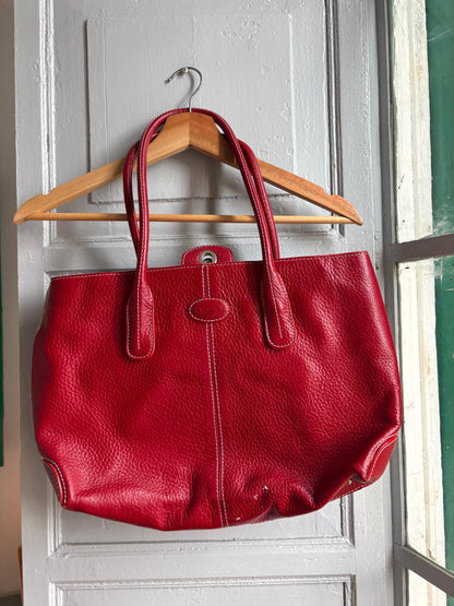 TOD'S Red Leather Tote Bag | Italian Luxury Handbag | Genuine Pebbled Leather | Everyday Statement Bag