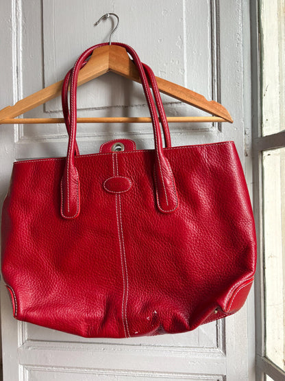 TOD'S Red Leather Tote Bag | Italian Luxury Handbag | Genuine Pebbled Leather | Everyday Statement Bag