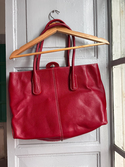 TOD'S Red Leather Tote Bag | Italian Luxury Handbag | Genuine Pebbled Leather | Everyday Statement Bag