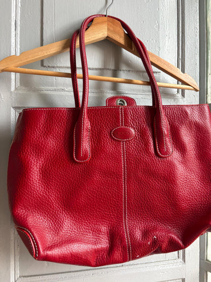 TOD'S Red Leather Tote Bag | Italian Luxury Handbag | Genuine Pebbled Leather | Everyday Statement Bag