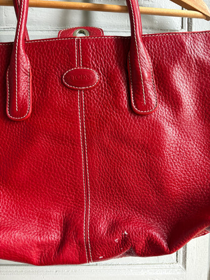TOD'S Red Leather Tote Bag | Italian Luxury Handbag | Genuine Pebbled Leather | Everyday Statement Bag