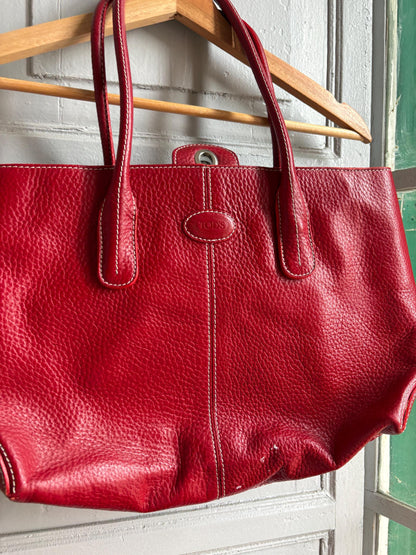 TOD'S Red Leather Tote Bag | Italian Luxury Handbag | Genuine Pebbled Leather | Everyday Statement Bag