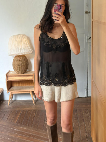 Black Sheer Sequin Tank Top | Beaded Party Top | Y2K Evening Top | Festival see through Piece