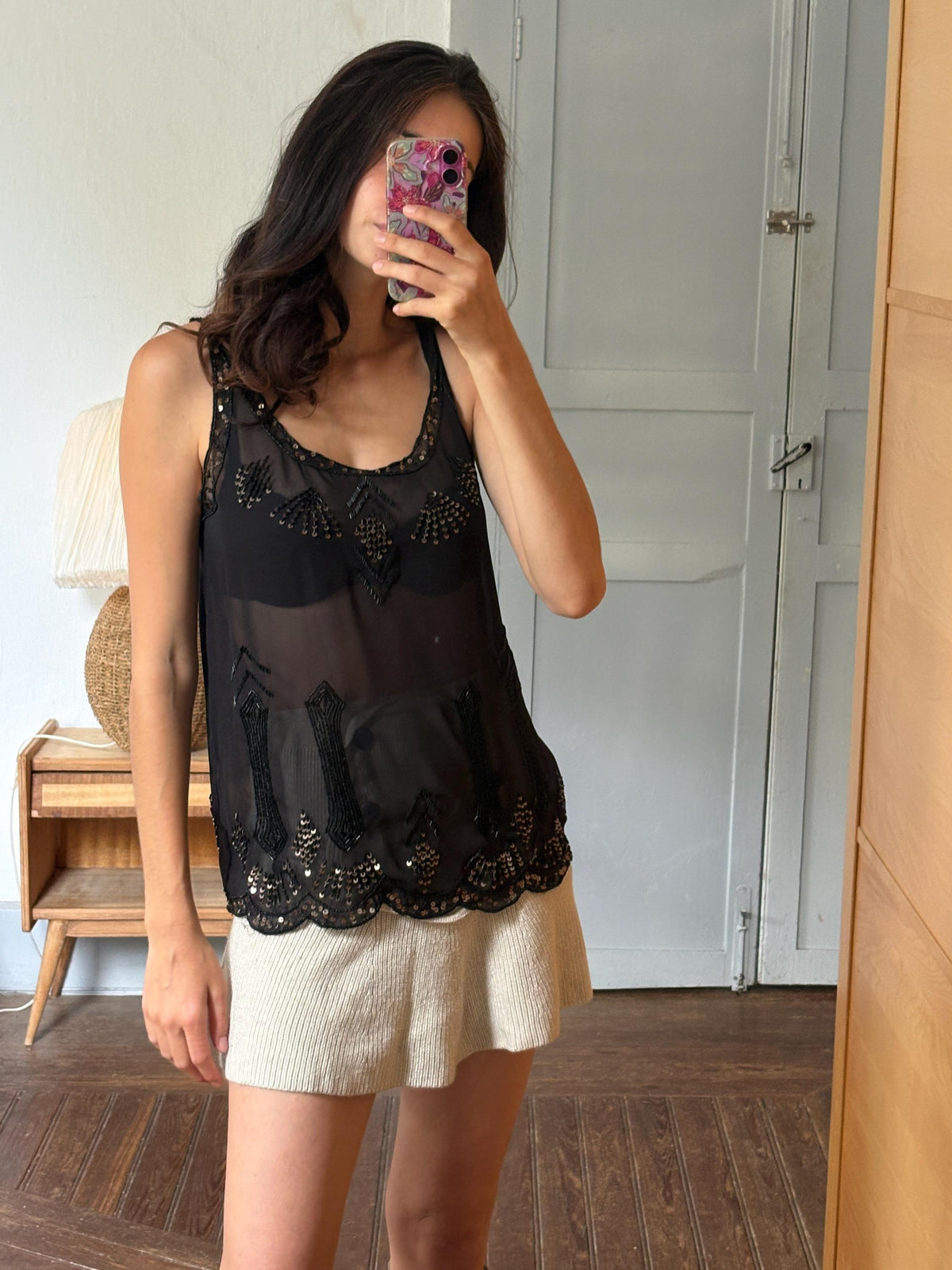 Black Sheer Sequin Tank Top | Beaded Party Top | Y2K Evening Top | Festival see through Piece