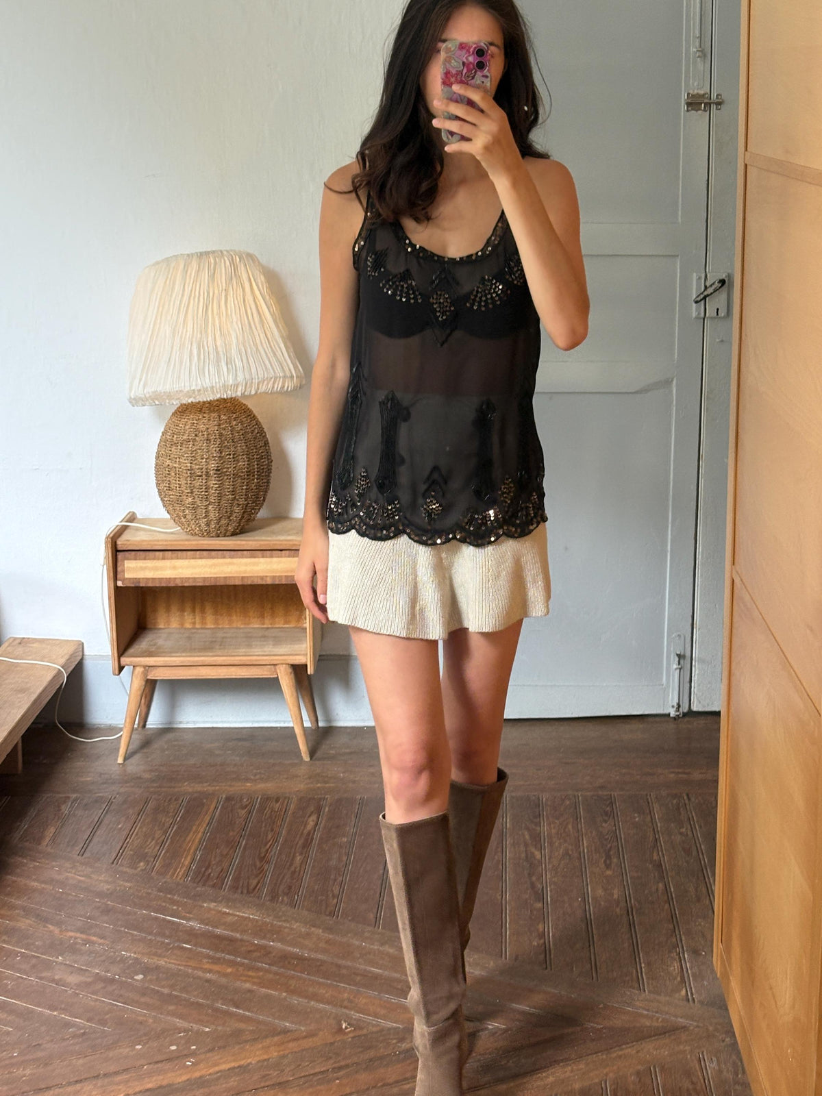 Black Sheer Sequin Tank Top | Beaded Party Top | Y2K Evening Top | Festival see through Piece