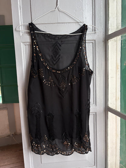 Black Sheer Sequin Tank Top | Beaded Party Top | Y2K Evening Top | Festival see through Piece