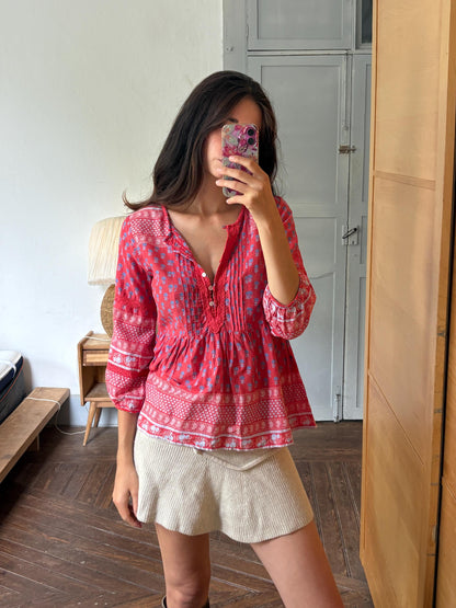 Red Boho Cotton Blouse | Cortefiel | Peasant Top | Festival Hippie Blouse