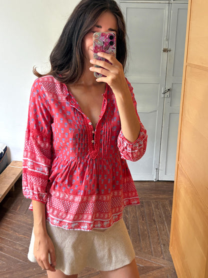 Red Boho Cotton Blouse | Cortefiel | Peasant Top | Festival Hippie Blouse