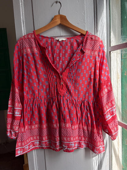 Red Boho Cotton Blouse | Cortefiel | Peasant Top | Festival Hippie Blouse