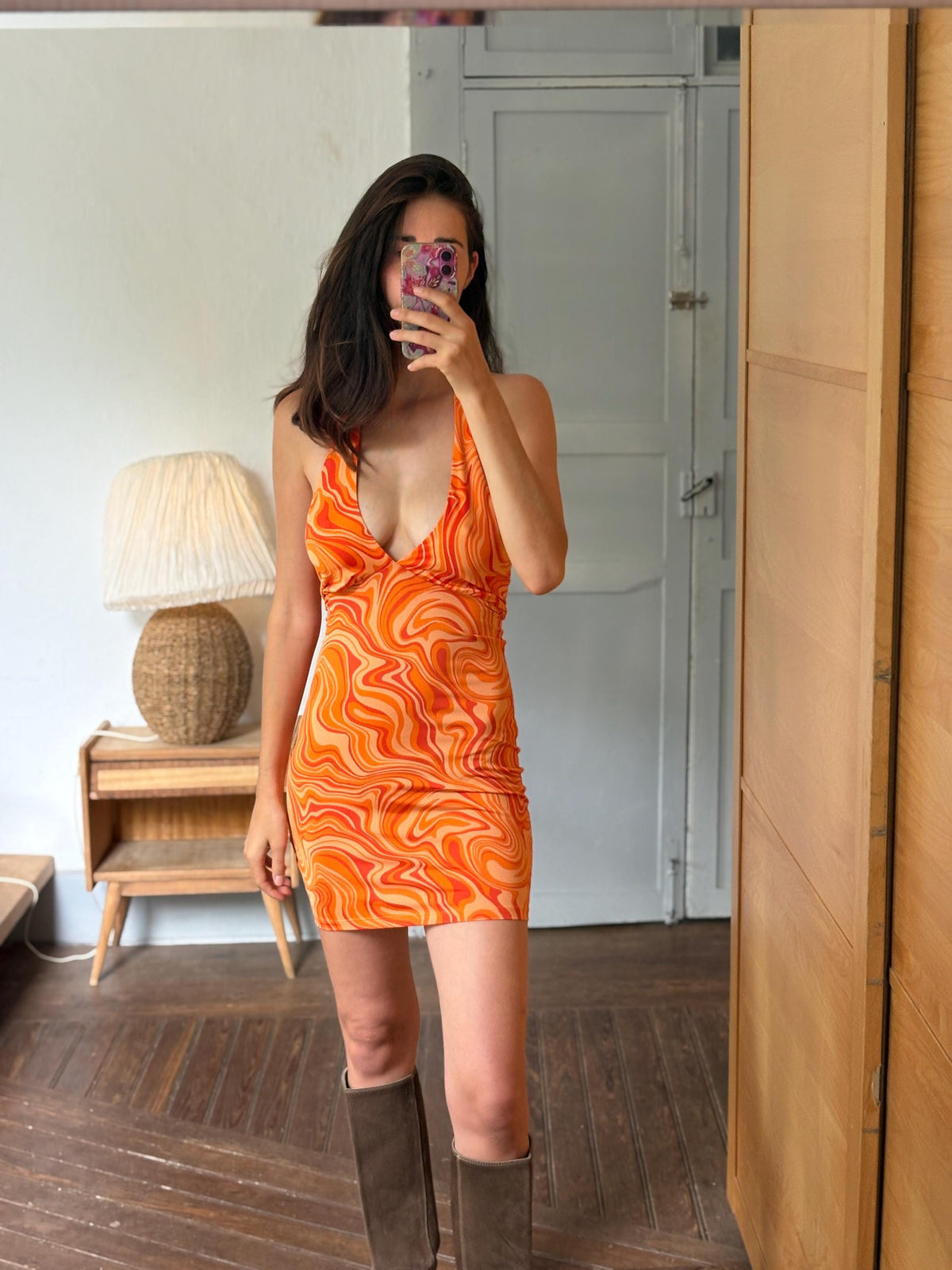 Y2K Orange Psychedelic Halter Mini Dress | Open Back | Retro Party Dress