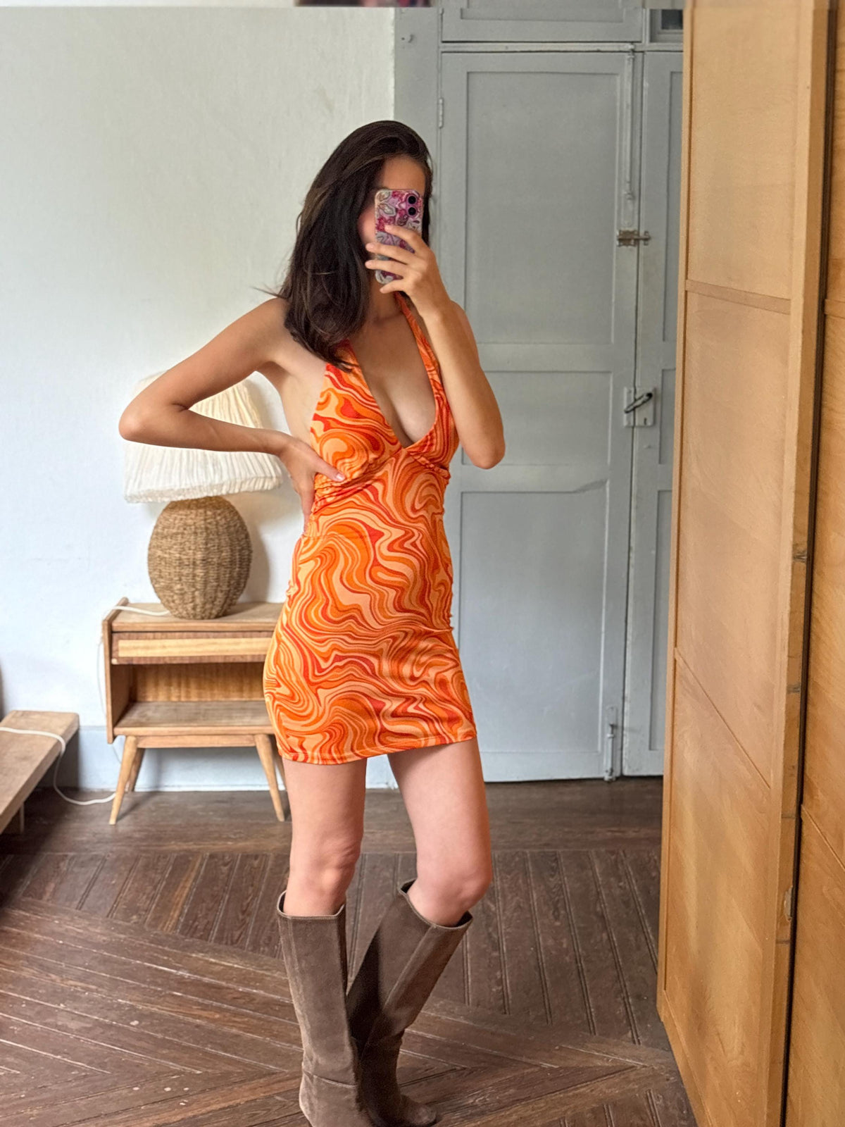 Y2K Orange Psychedelic Halter Mini Dress | Open Back | Retro Party Dress
