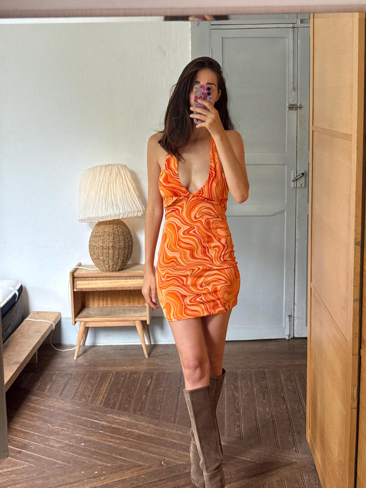 Y2K Orange Psychedelic Halter Mini Dress | Open Back | Retro Party Dress