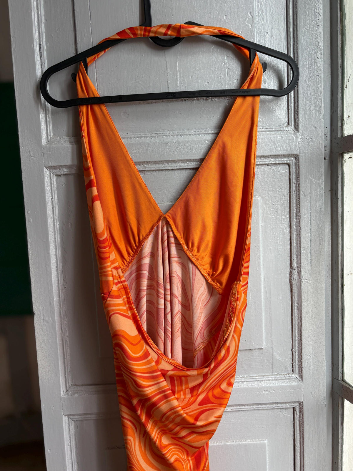 Y2K Orange Psychedelic Halter Mini Dress | Open Back | Retro Party Dress