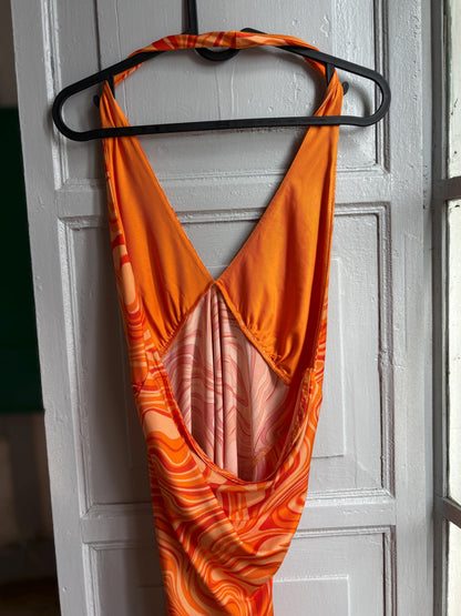 Y2K Orange Psychedelic Halter Mini Dress | Open Back | Retro Party Dress