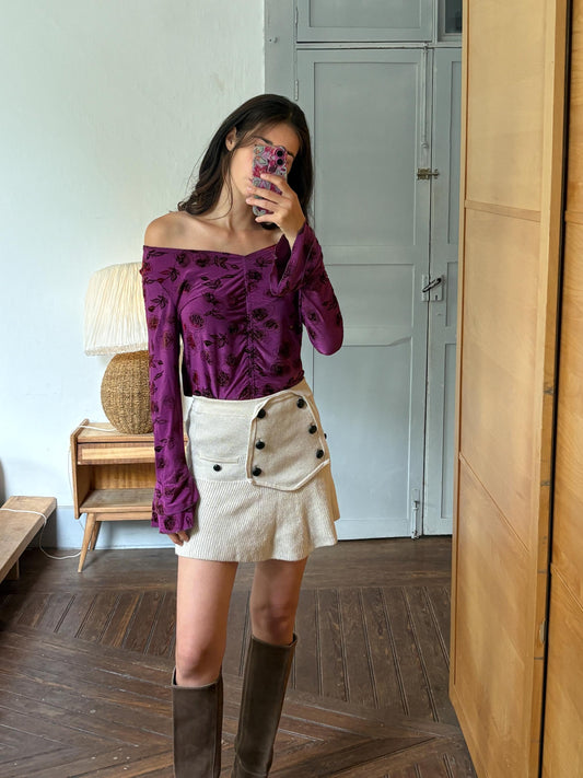 Vintage Purple Ruched Velvet Rose Top,  Y2K Fairycore Goth Long Sleeve Off Shoulder shirt