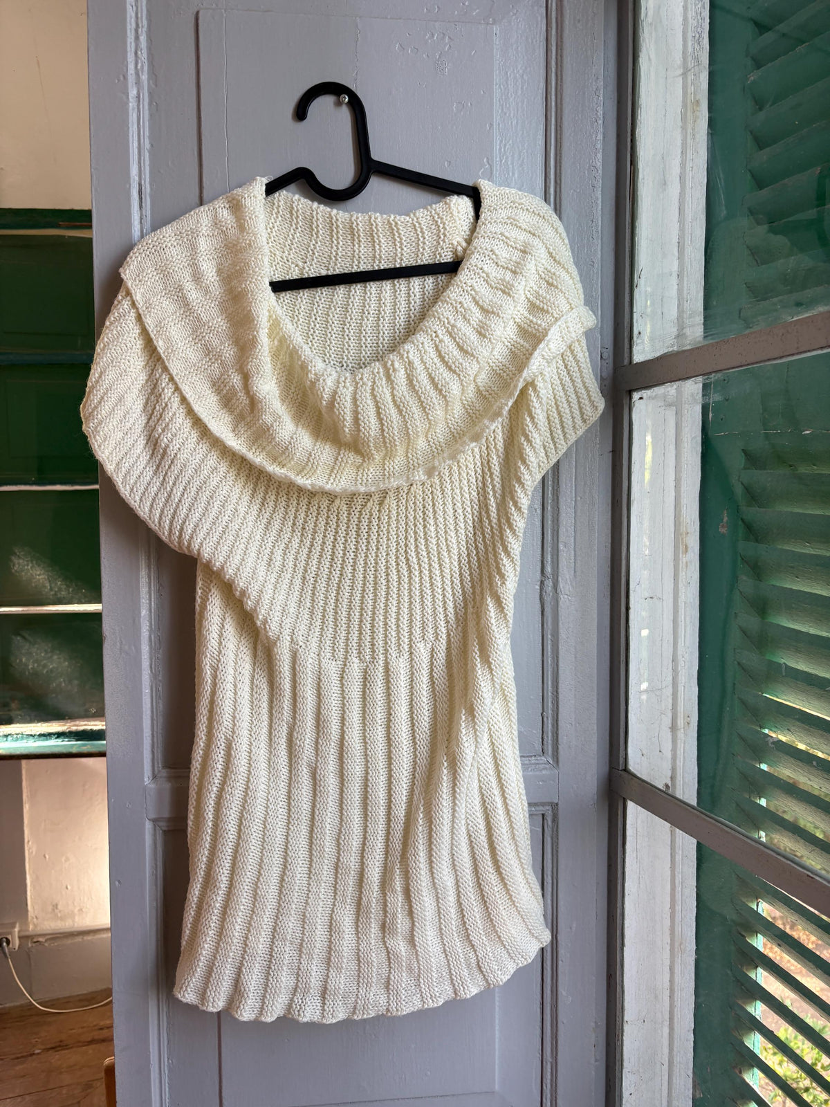 Vintage Y2K Cream Knit Cowl Neck Top | Soft Ribbed Sweater Tee | Cozy Minimalist