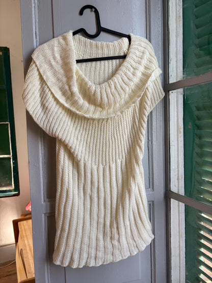 Vintage Y2K Cream Knit Cowl Neck Top | Soft Ribbed Sweater Tee | Cozy Minimalist
